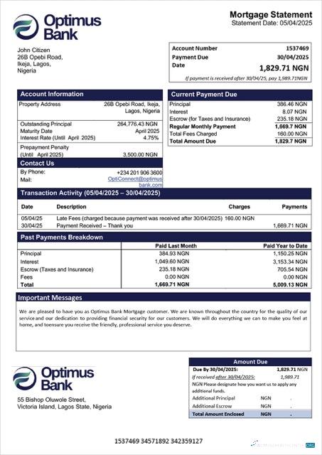 Download Nigeria Optimus Bank mortgage statement Word and PDF template Photoshop template